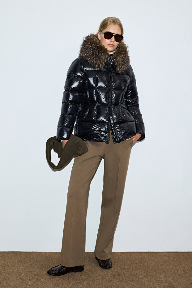 Klemantın Women's Detachable Fur Hooded Goose down Inflatable Coat Black