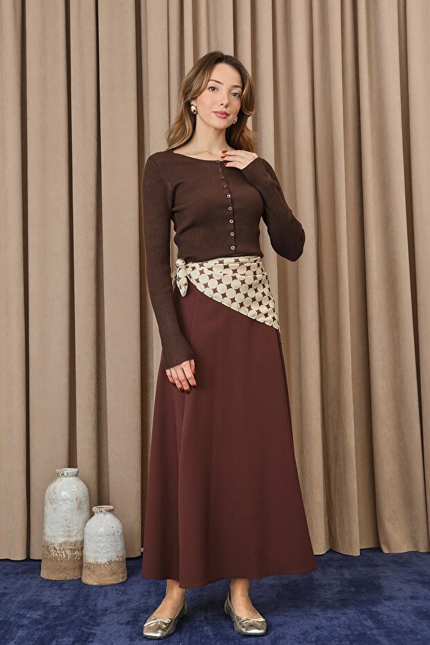 Women's Polka Dot Scarf Open Front Woven Skirt - 18272Etk Brown