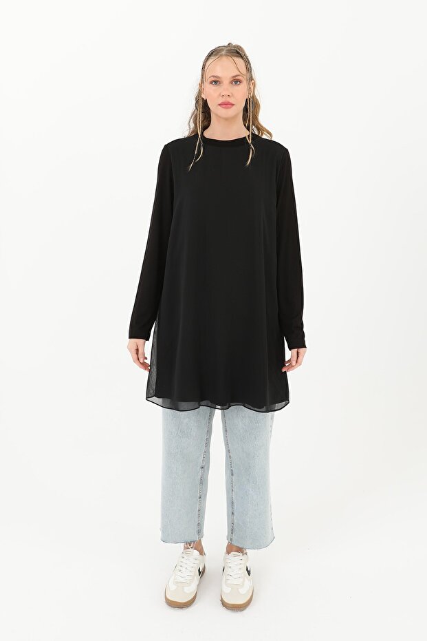 Women's Turtleneck Tulle Detailed Blouse - 10269Tun Black