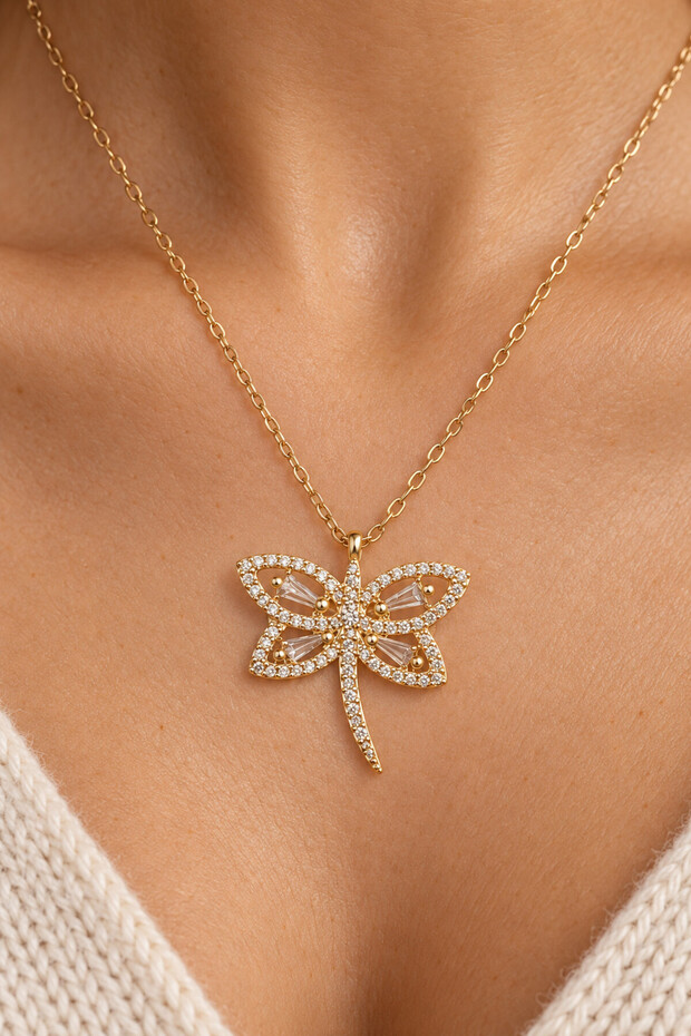 Women's Dragonfly Necklace with Steel Chain - Gold Color - (with Surprise Gift)