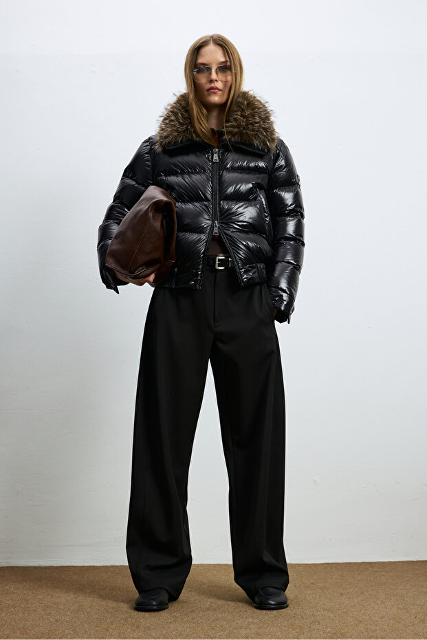 Daisy Women's Fur Goose down Shiny Inflatable Coat Black
