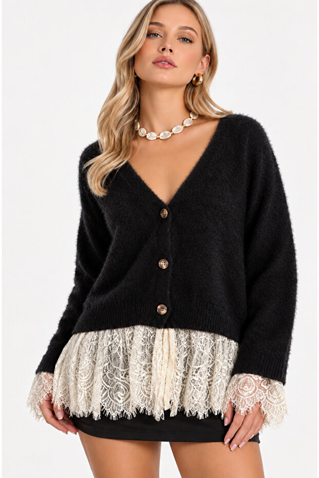 Women's Long Lace Detailed V-Neck Soft Basic Knitwear Cardigan