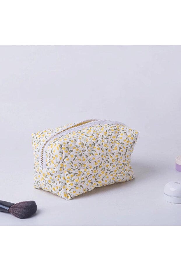 YELLOW Storage Organizer Floral Puffy Quilted Makeup Bag Flower Printed Cosmetic Pouch Large Travel