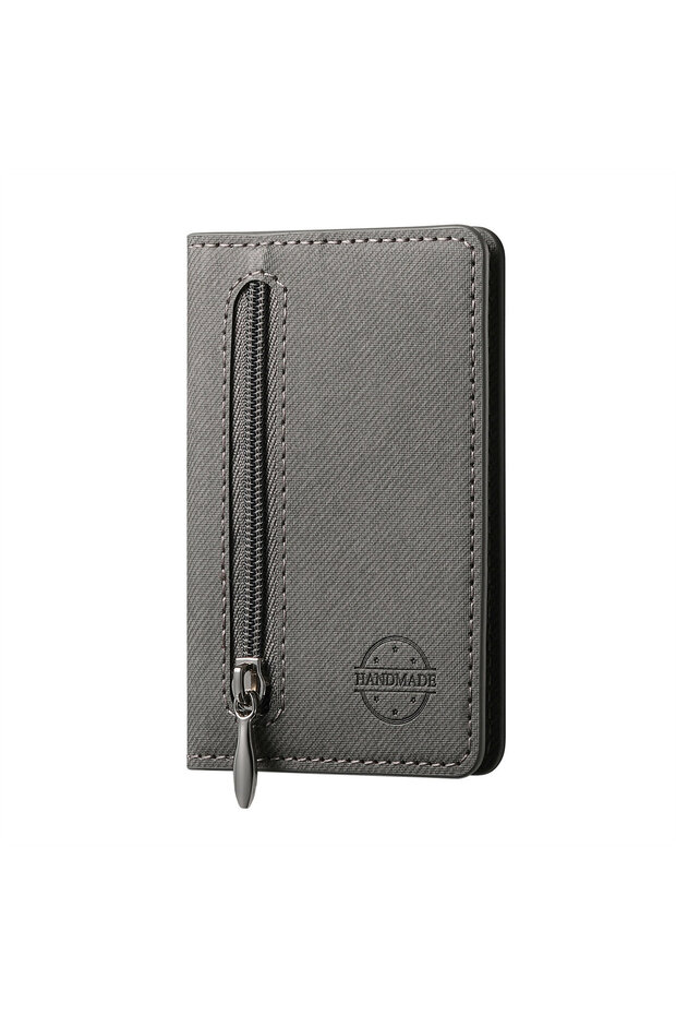 GRAY Mobile Phone Case Card Holder With PU Leather Back Sticker Card Bag Portable Zipper Wallet Stan