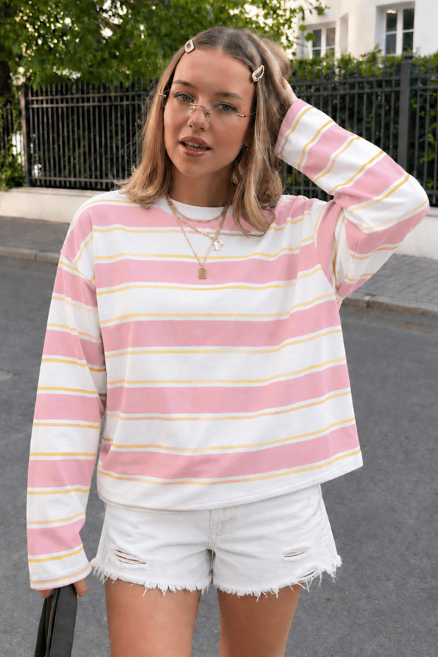 Pink Crew Neck 100% Cotton Striped Long Sleeve T-Shirt Sh313