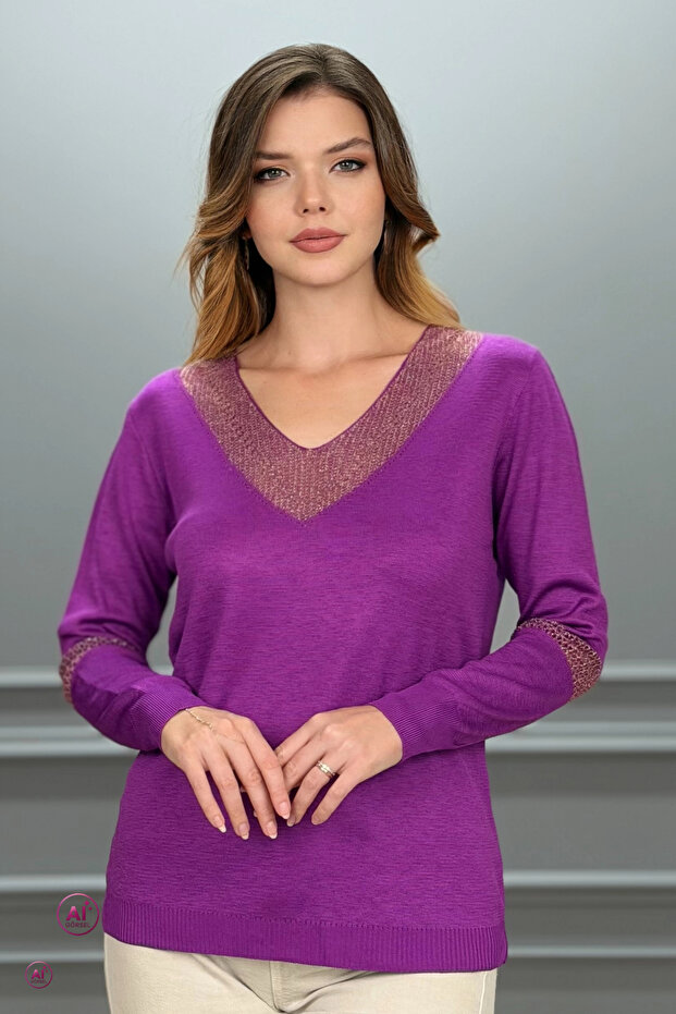 Women's purple v-neck collar glittery Stretch Fabric comfortable fit fine knitwear blouse