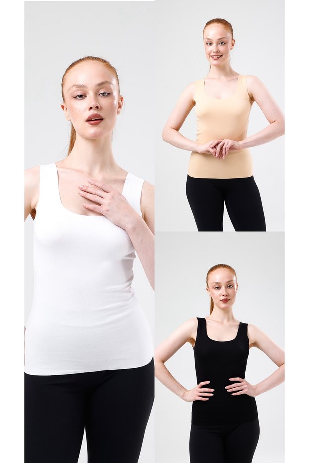 Laser Cut 3-Pack Seamless Black and White Skin Wide Strap Women's Tank Top