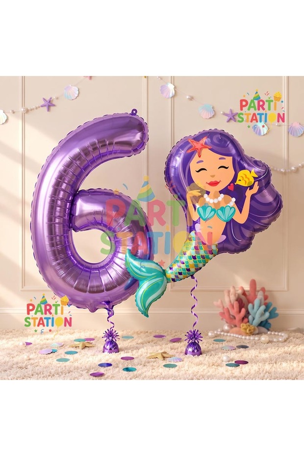 Mermaid 6th Birthday Balloon and Purple Number Balloon Birthday Party Balloon Set