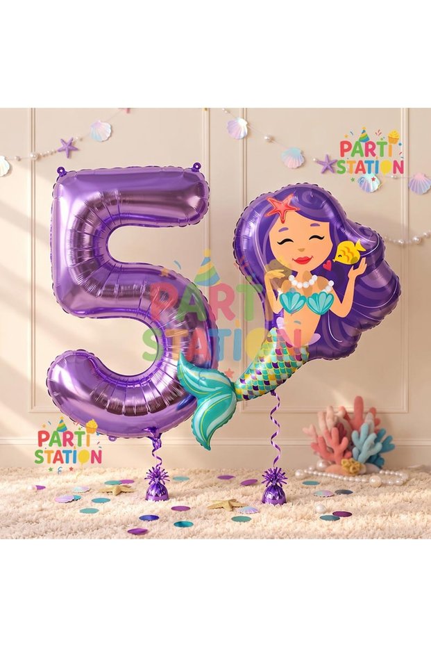 Mermaid 5th Birthday Balloon and Purple Number Balloon Birthday Party Balloon Set