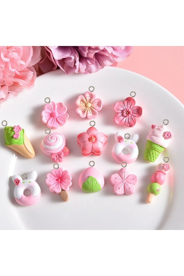 10pcs mix 10Pcs Cute Pink Flowers Cake Donut Series Resin Charms Cherry Blossom Earring Keychain Pen
