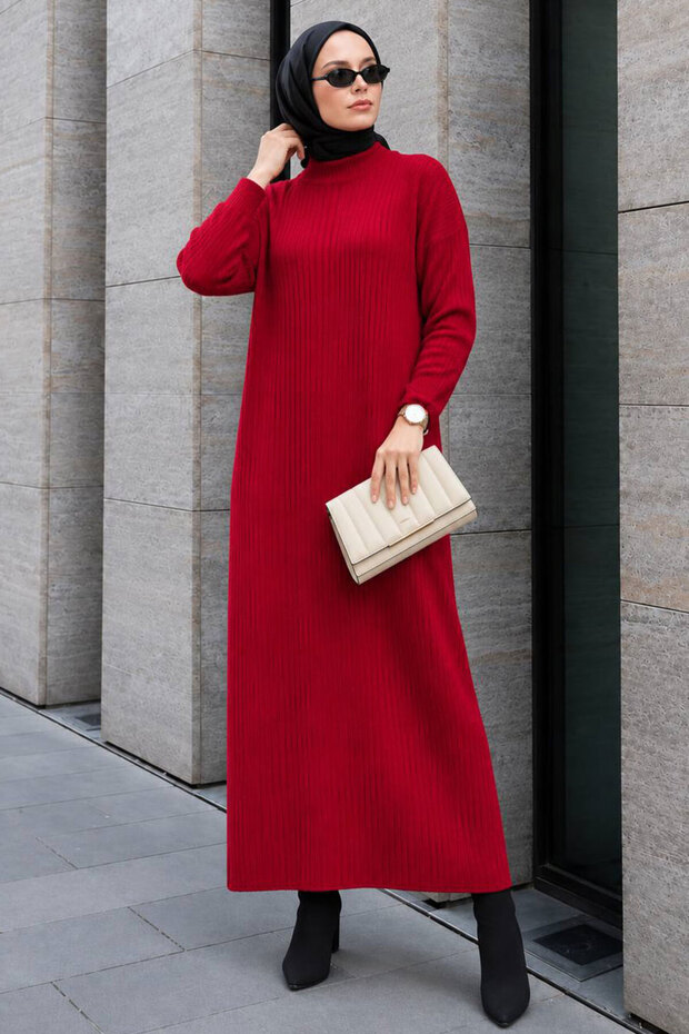 Turtleneck Red Hijab Knitwear Dress 34150K
