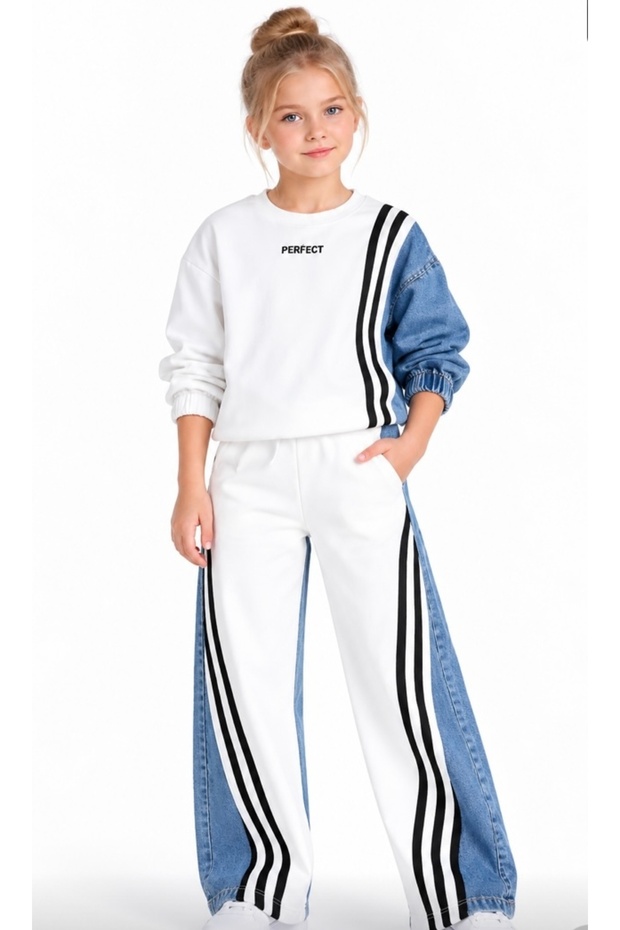 Girl's Denim Garnished Striped 2 Thread Tracksuit Set 43128-Y