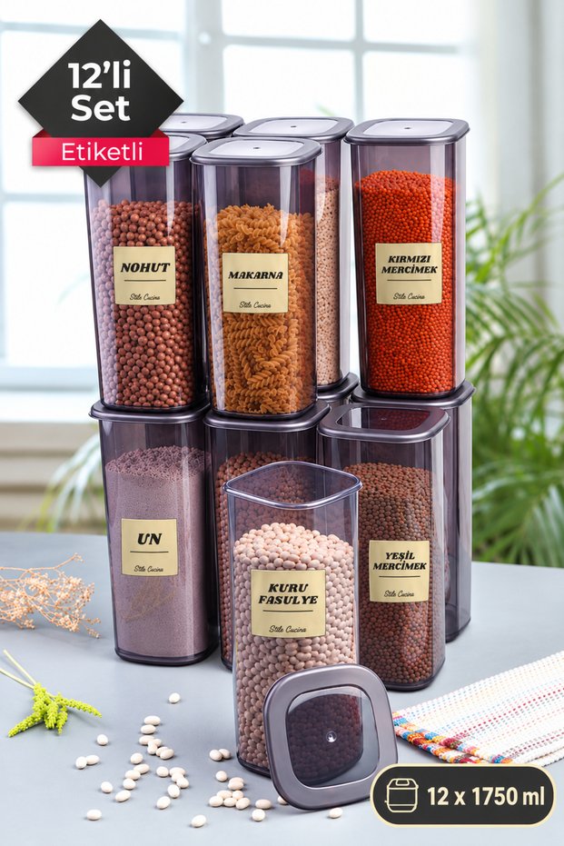 Set of 12 Jumbo Size Labeled Square Food Storage Containers 1750 ml - Hard Lid Large Jar