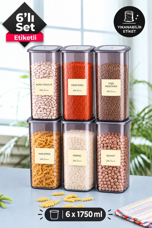 Set of 6 Jumbo Size Labeled Square Food Storage Containers 1750 ml - Hard Lid Large Jar