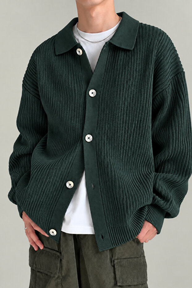 Men's Cardigan Oversize Fit Buttoned Polo Collar Knitwear Sweater Non-Stretch