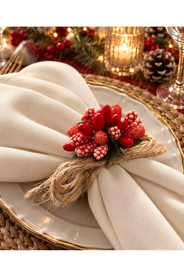6-Piece Christmas Napkin Holder | Rustic Red Crispy Napkin Ring Set | Wooden Table Accessories