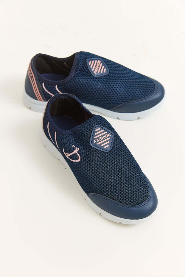 Navy Blue Mesh Textured Comfortable Laceless Daily Sports Shoes Offering Practical Use