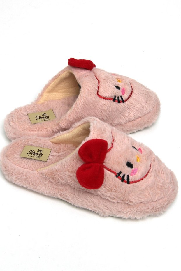 Pink Soft Textured Comfortable Form-Fitting Embroidered and Ribbon Detailed Figured Practical Use Home Slippers