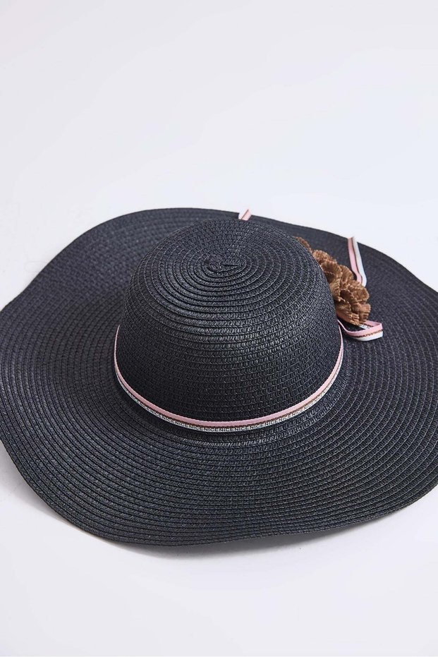 Black Straw Knitted Wide Brim Hat with Floral Accessories, Suitable for Beach, Pool and Garden Use