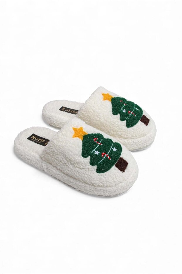 Ecru Plush Soft Textured Non-Slip Sole Christmas Tree Figured Embroidery Detailed House Slippers
