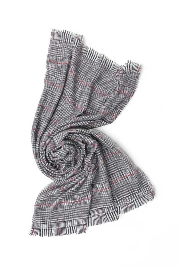 Gray Woven Fabric Plaid Patterned Wide Form Shawl with Tassel Detail on the Edge for Daily Use