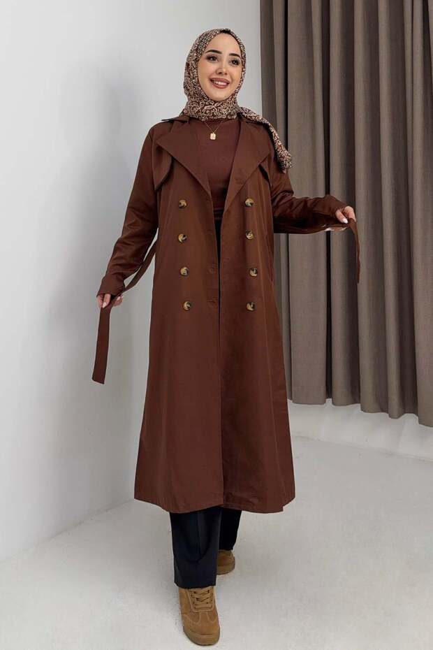 Brown Double-Breasted Collar Loose-Fit Long-Sleeve Buttoned Belted Comfortable Fit Trench Coat