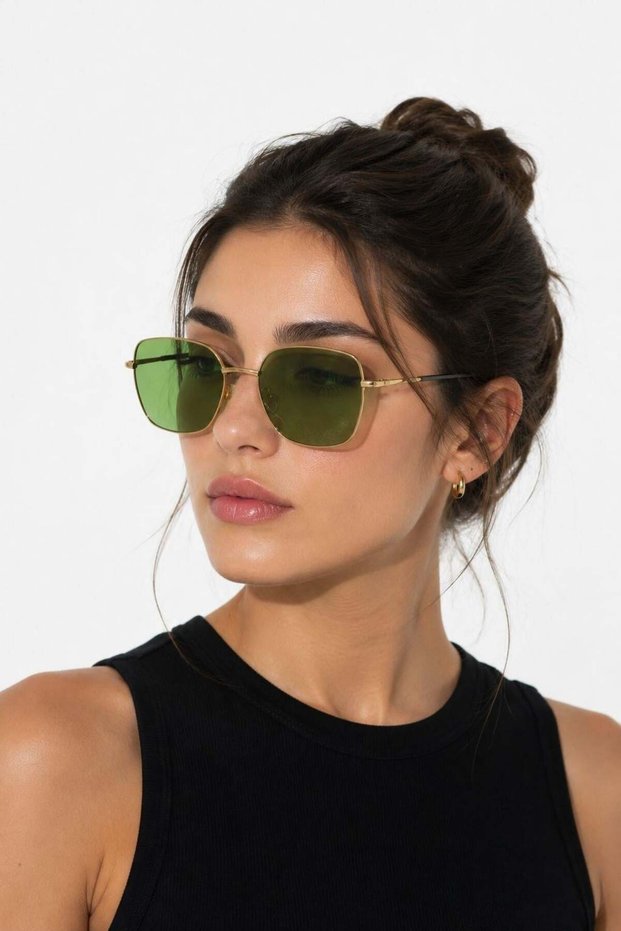 Green Gold Handle Metal Frame Square Form Ultraviolet Protection Daily Sunglasses