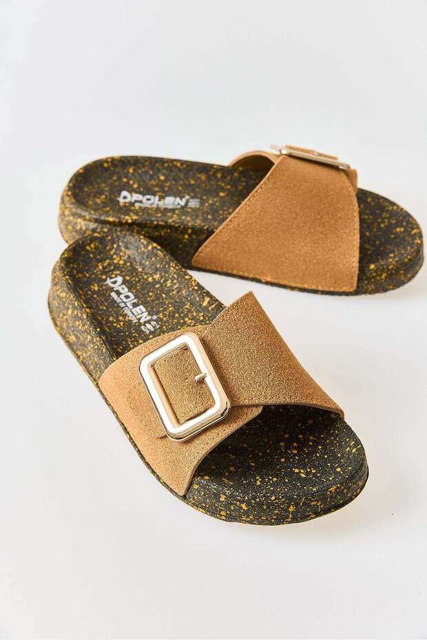 Tan Suede Textured Soft Anatomical Sole Non-Slip Structure Single Strap Buckle Slippers