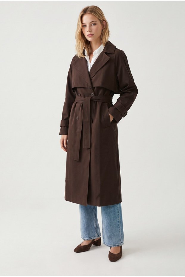 Bitter Brown Viscose Blended Double-Breasted Collar Long Sleeve Belted and Side-Pocketed Woven Trench Coat