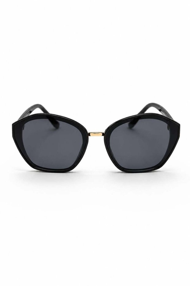 Black Bone Frame with Gold Metal Bridge Detail, Angular Shape Casual Sunglasses