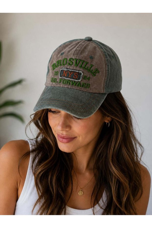 Green Denim Washed Cotton Woven Fabric Edges Stitched Embroidery Printed Adjustable Hat