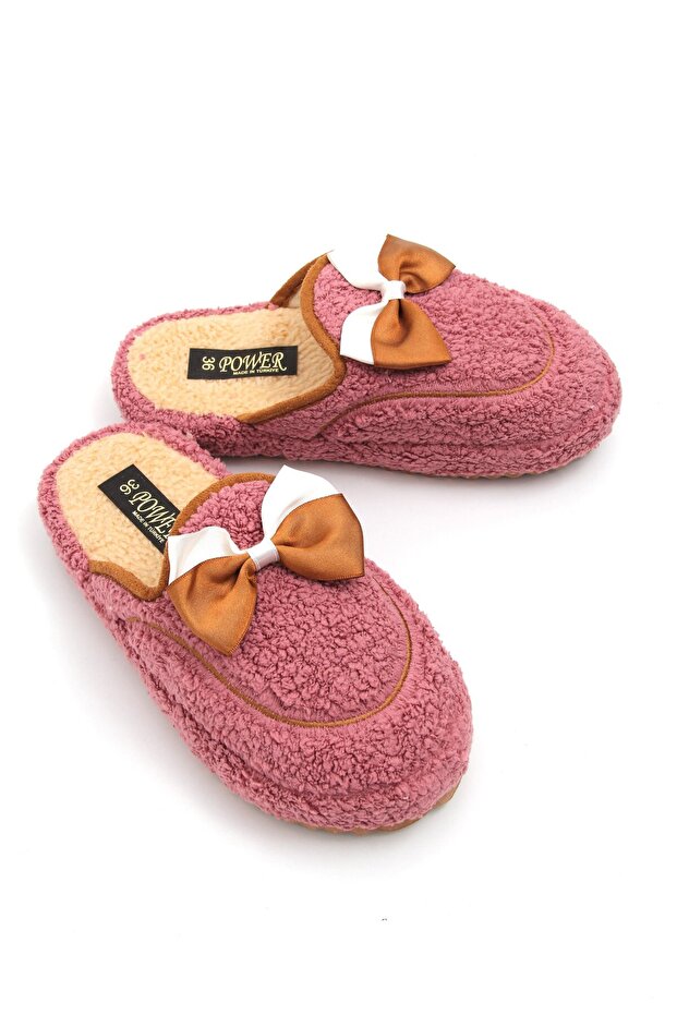 Dusty Rose Plush Textured Non-Slip Sole Daily Use House Slippers with Ribbon Accessories