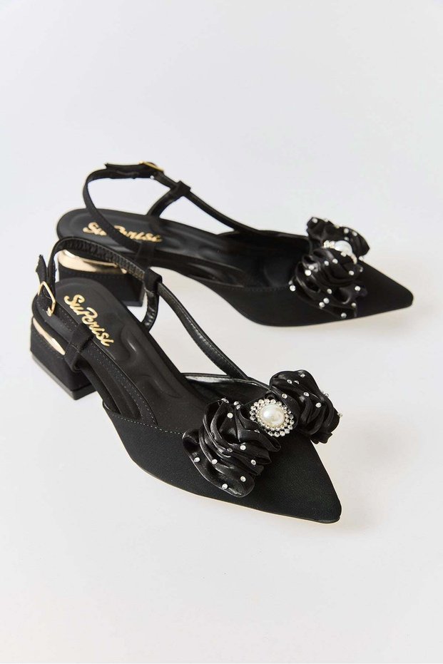 Black Satin Textured Pointed Toe Comfortable Slingback Low Heel Shoes with Large Bow Detail