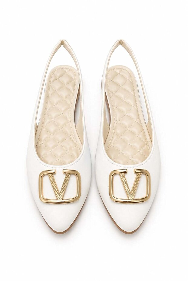White Flexible Textured Soft Sole Gold Buckle Detailed Slingback Model Pointed Toe Ballerinas