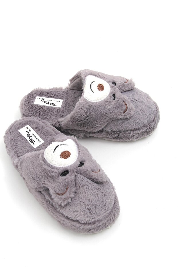 Gray Plush Soft Textured Closed-Front Teddy Bear Figure Detailed Daily Use House Slippers