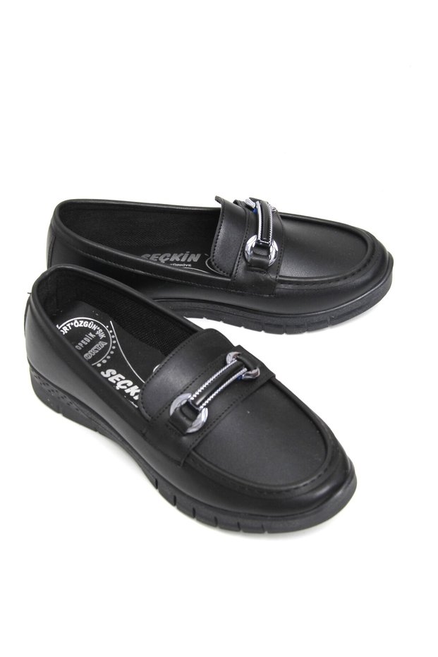 Black Flexible Sole Wedge Heels with Accessory Detail Comfortable Fit Casual Shoes