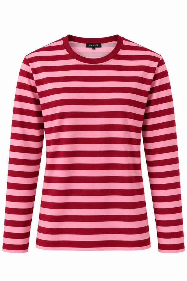 Pink Cotton Crew Neck Standard Cut Long Sleeve Horizontal Line Pattern Knitted Sweatshirt