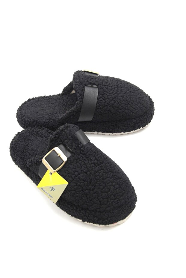 Black Boucle Textured Lightweight Single Buckle Detailed Daily Use Winter House Slippers