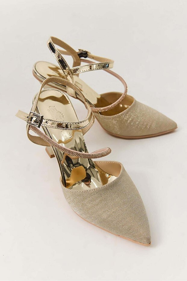Gold Flexible Sole Pointed Toe Buckle Detailed Stoned Ankle Tie Heeled Shoes