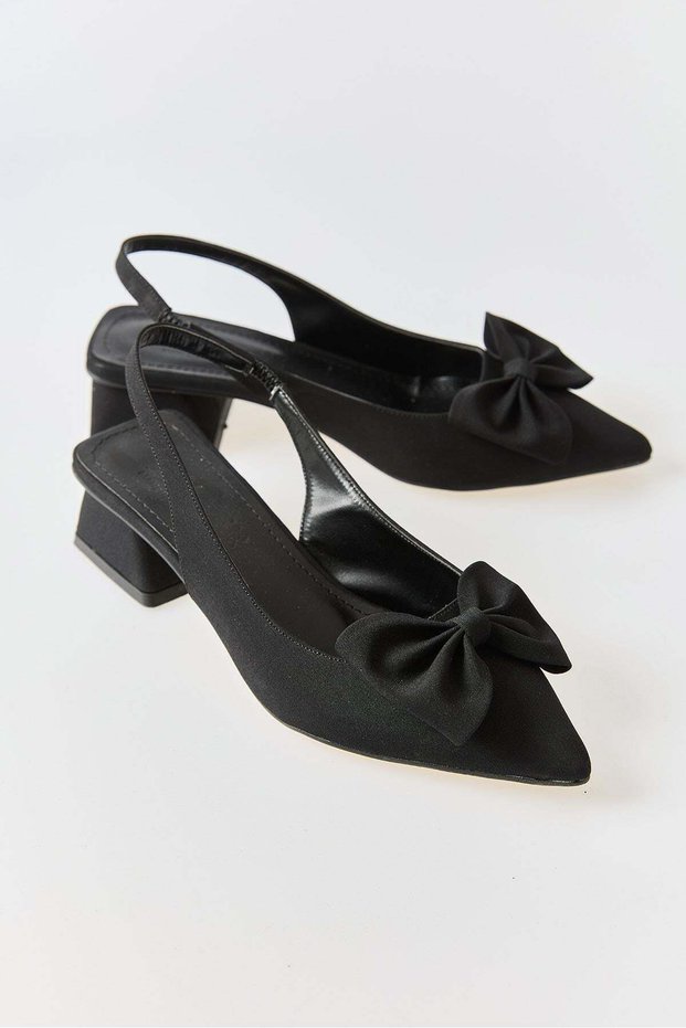 Black Thick Heeled Pointed Toe Slingback Shoes with Elastic Back Strap and Bow Detail