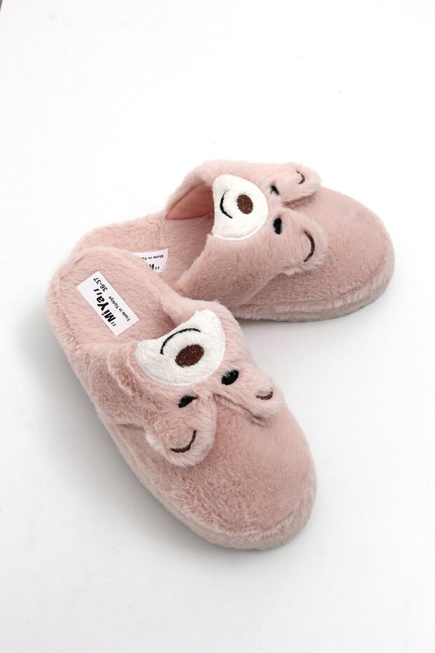 Pink Plush Textured Lightweight Flexible Form Closed Front Teddy Bear Figure Detailed House Slippers