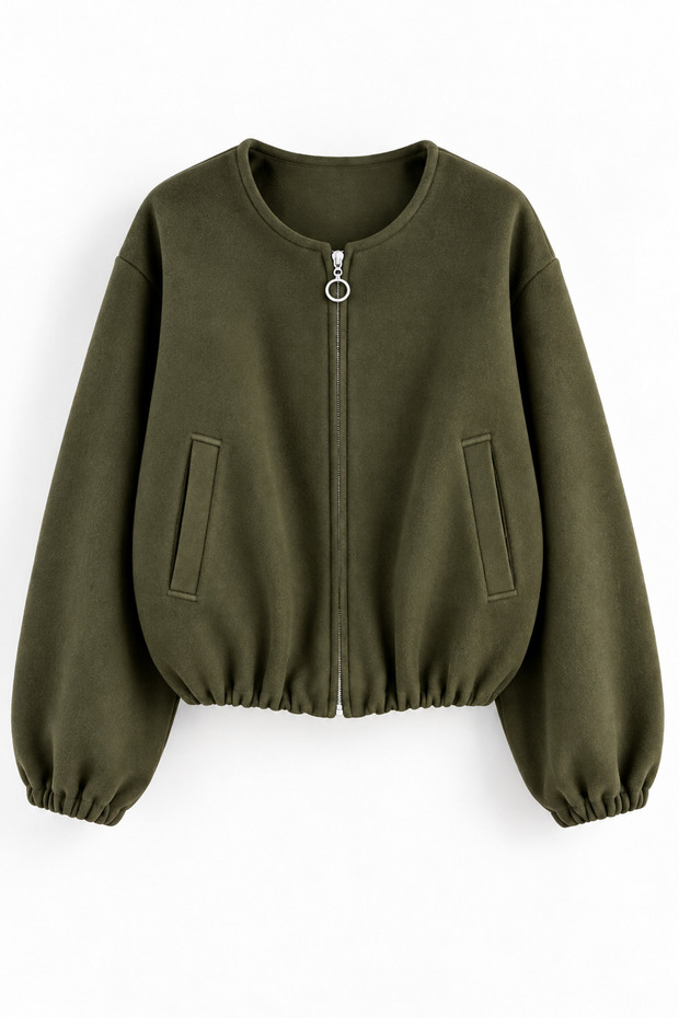 Khaki Cotton Woven Crew Neck Drop Shoulder Lined Zippered Bomber Jacket with Pockets
