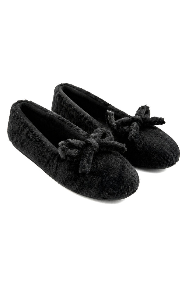 Black Plush Fabric Soft Textured Flexible Pvc Sole Bow Detail Comfortable Form Ballerinas