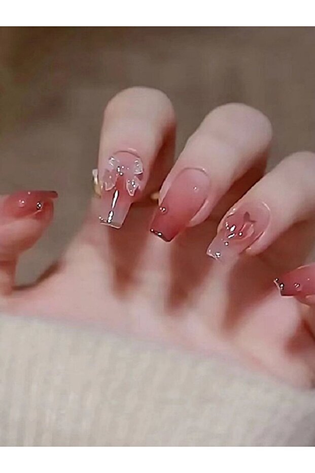 Pink 24PCS/1 BOX Gradient Patch Love Peach Bow See Photochromic Stereo Wear Nail Fake Nail