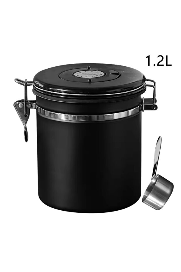Black-1.2L 304 Stainless Steel Coffee Beans Vacuum Storage Jar with Spoon Large Capacity Airtight Co