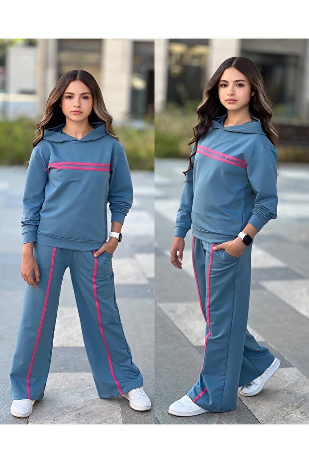 Striped Detail Youth and Children's 2-Piece Set Palazzo Pants+Sweatshirt