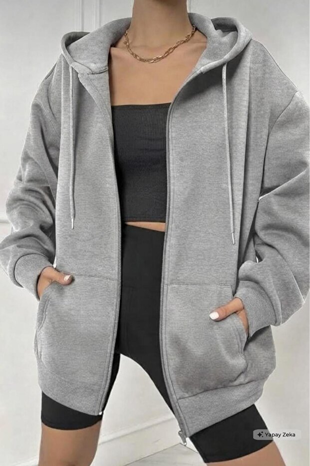 Women's Gray Full Zip Cardigan Jacket