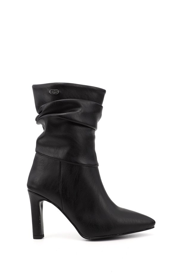 Women's Black Pointed Toe Bellows Thin Heeled Boots
