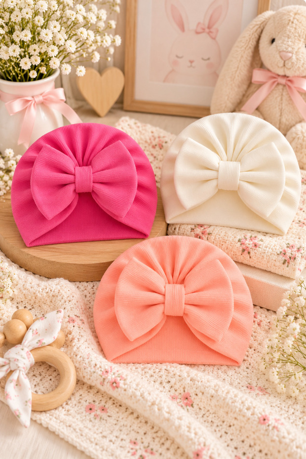 Double Layer Baby Bonnet with Bow, Set of 3-Pink/White/Powder