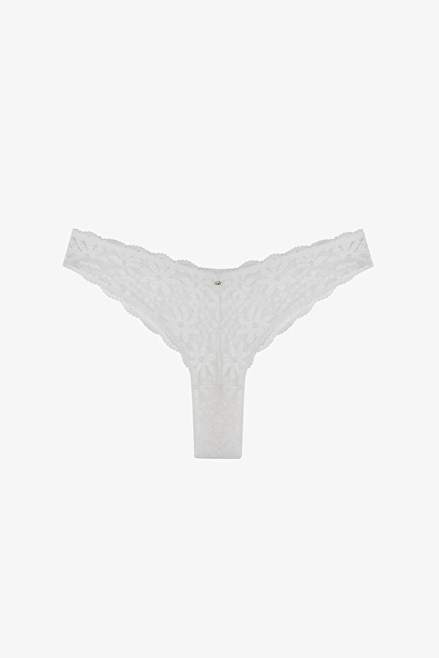 Off-White Lace V-Cut Floral Brazilian Panties
